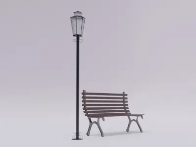 Wooden Bench - Lamp post 3D model