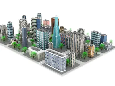 Low Poly City with buildings and trees Low-poly 3D model purchase