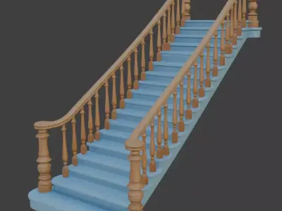 Light Blue Wooden Staircase with Ornate Balustrade PBR 3D Model 3D model