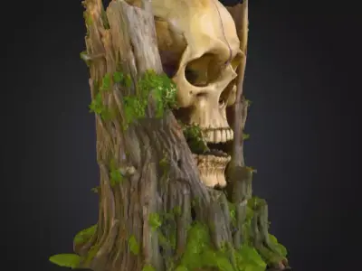 wooden skull carved out of a tree stump Low-poly 3D model