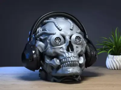 Robot Skull Headphone Stand Cyborg Headset Stand 3D print model 7
