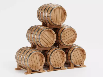 Wine Barrels Pile V1 - Oak Casks on Stands Stack 3D model
