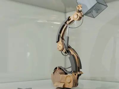 Rigged Industrial Robot Arm Wood Version Low-poly 3D model