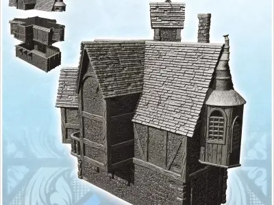 Large medieval manor with suspended room zigzagging roof and chi 3D print model