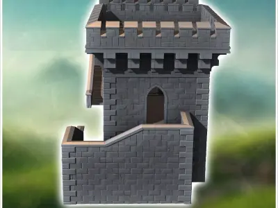 Stone fortress with double towers and access stairs 9 - Medieval 3D print model