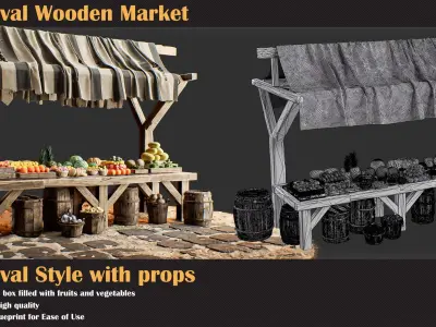 Medieval Wooden Market Pack Set 4 With Props 3D model