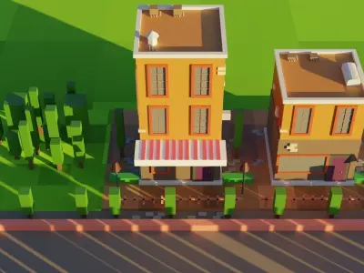 Small Village beside Countryside Road - Low Poly Town Low-poly 3D model
