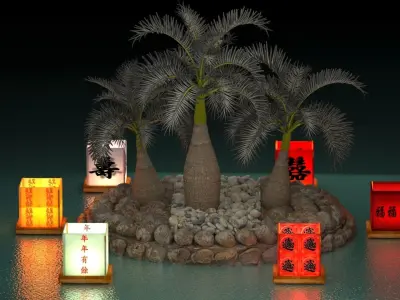 Chinese water lantern with Hawaii coconut tree   3D model