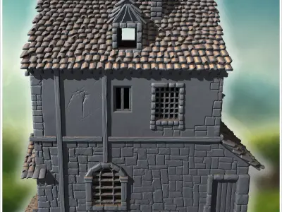 Square medieval house with symmetrical windows wooden shutters a 3D print model