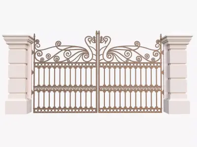 Classic Brown Wrought Iron Entrance Gate 3D Model Stone Columns Low-poly 3D model