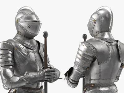  Medieval Knight Plate Armor standing with Zweihander 