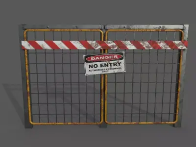Barricade PBR metal gate with warning sign Low-poly 3D model