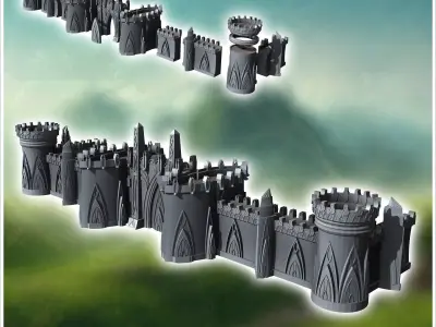 Modular Elf Great Wall with Battlement Towers 22 - Medieval Fant 3D print model
