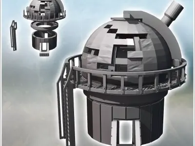 Damaged modern observatory with large telescope and circular bal 3D print model