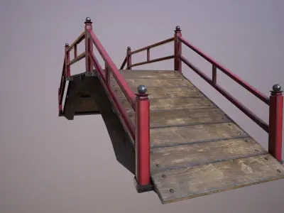 Oriental wooden bridge Low-poly 3D model