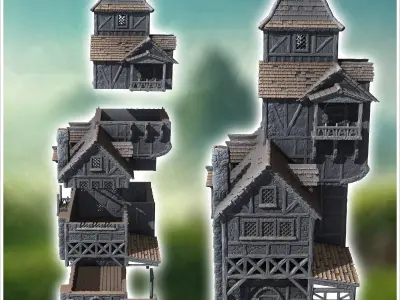 Medieval half-timbered stone building with large awning 35 - Med 3D print model