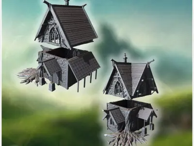 Small chapel with stone walls large stained glass window and woo 3D print model