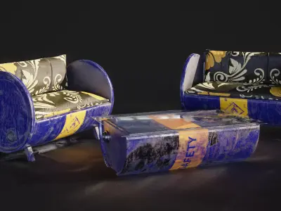 Industrial-style barrel furniture set Low-poly 3D model