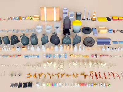 Lowpoly Stylized Street Garbage Junk Trash and Waste Set   Low-poly 3D model