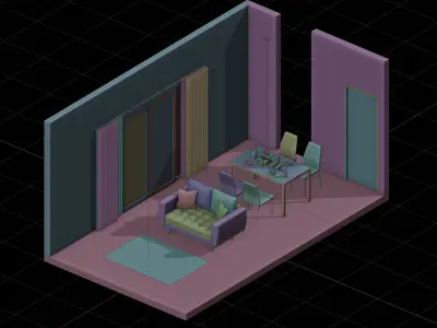 Isometric Living Dining Room With Black Furniture  3D model