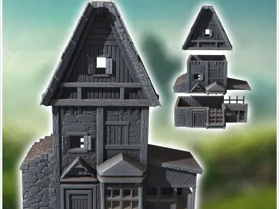 Large medieval building with covered annex and wooden roof 2 - M 3D print model
