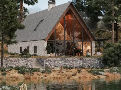 Rustic Stone Mountain House 3D model
