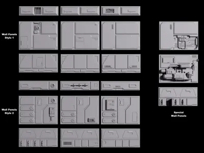 Sci-Fi Wall Panels Kit  - 21 Parts - Props 3D model