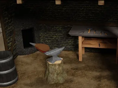 Furnitured medieval blacksmith house with exterior and interior Low-poly 3D model
