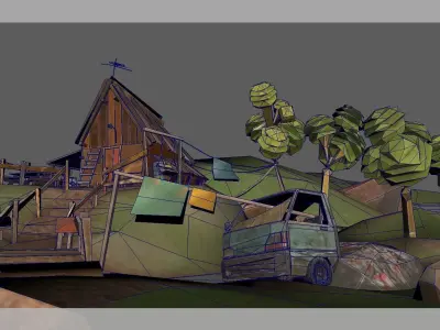 Low Poly Cabin village with truck Low-poly 3D model