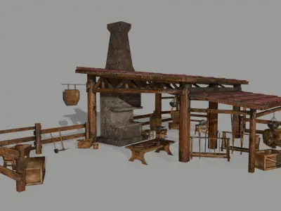 Medieval set metal bucket hanging from chain Low-poly 3D model