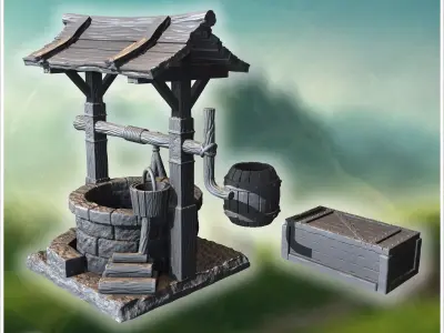 Wooden well with detailed roof bucket and surrounding barrels cr 3D print model