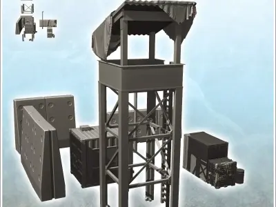 Modern surveillance post with concrete barrier and lookout tower 3D print model