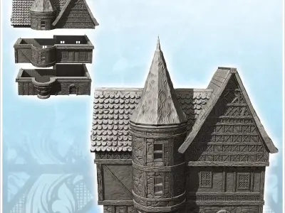 Large medieval house with tiled roof fireplace and large entranc 3D print model