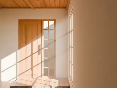 Japanese style room with a wooden door and windows Low-poly 3D model