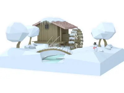 Watermill isometric landscape winter village low poly Low-poly 3D model
