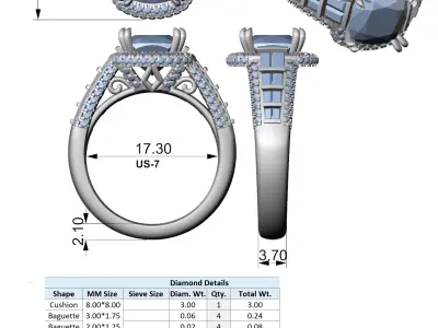 Cushion Halo Diamond Engagement Ring CAD Model 3D 3D print model