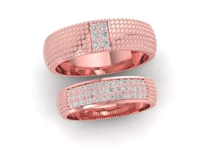 Luxury Textured  Wedding Band Set with Square Accent Stones 802 3D print model