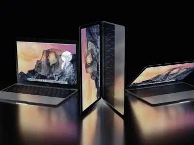 Macbook laptop on table with two light bulbs 3D model