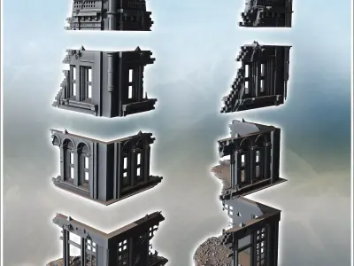 Corner building with decorative arched windows damaged upper wal 3D print model