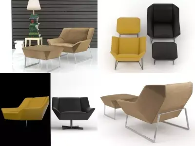 Tight four different chairs and footstool 3D model