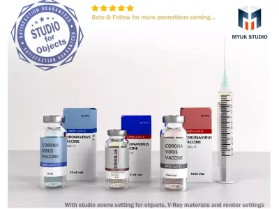 Coronavirus Vaccine 3 different formula in vials and syringe 3D model