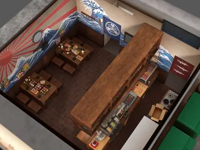 Izakaya asian style shop on side of street Low-poly 3D model