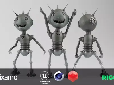 Game Ready Character Creepy Smiling Retro Robot  Low-poly 3D model