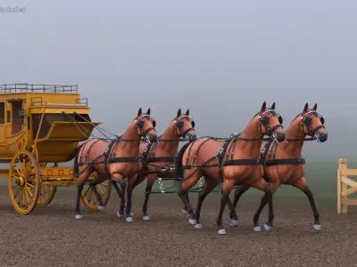  Four Bay Horses Harness with Stagecoach 