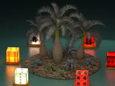 Chinese water lantern with Hawaii coconut tree   3D model