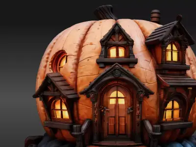 Halloween Pumpkin House 3D Model Cartoon Stylized House  Low-poly 3D model