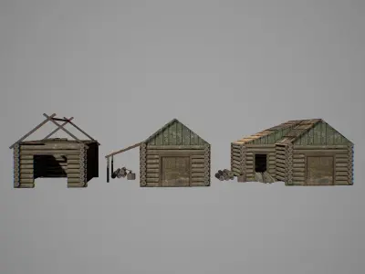 Sawmill three wooden huts Low-poly 3D model