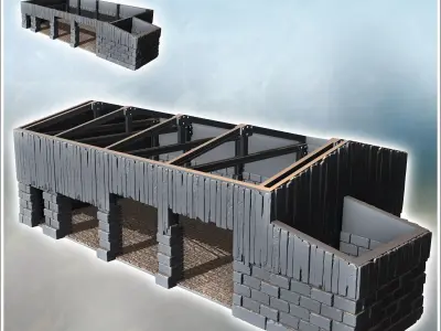Stone and wooden industrial building with metal beams without a  3D print model