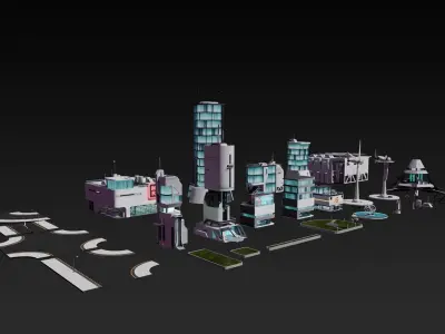 Sci-fi city assets Low-poly 3D model