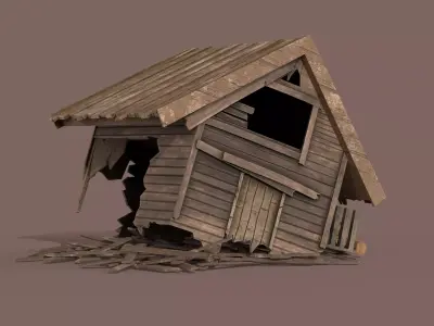 Destroyed Wooden House Low-poly 3D model
